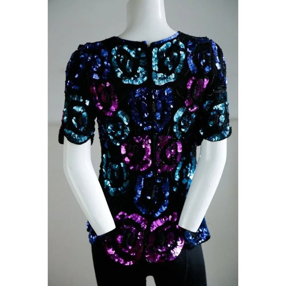 Vintage Leslie Fay Evening Silk Sequin Beaded Teal Pink  Sparkly Top S - Picture 6 of 7